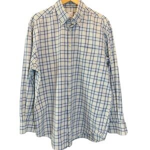Peter Millar Men's Button Down Plaid Shirt Long Sleeves White Blue Yellow Size L